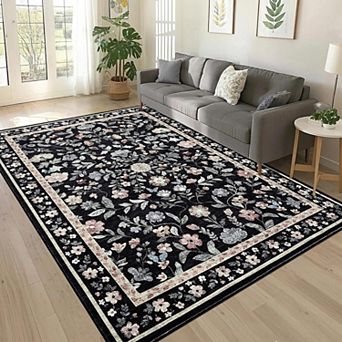 Washable Ultra-Soft Vintage Floral Rug, Non-Slip Foldable Thin Mat for Living Room, Nursery, Office
