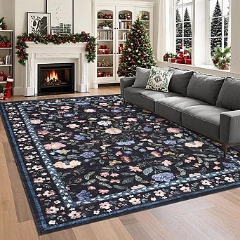 Washable Ultra-Soft Vintage Floral Rug, Non-Slip Foldable Thin Mat for Living Room, Nursery, Office