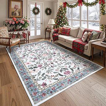 Washable Ultra-Soft Vintage Floral Rug, Non-Slip Foldable Thin Mat for Living Room, Nursery, Office