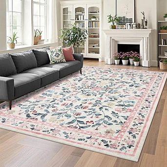 Washable Ultra-Soft Vintage Floral Rug, Non-Slip Foldable Thin Mat for Living Room, Nursery, Office