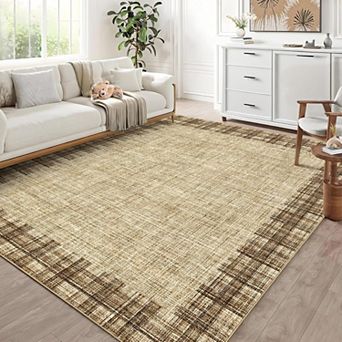 Washable Rugs for Living Room Border Plaid Rug Non-Slip Stain-Resistant Rugs Modern Low-Pile Carpet