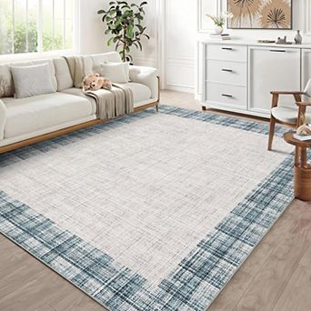Washable Rugs for Living Room Border Plaid Rug Non-Slip Stain-Resistant Rugs Modern Low-Pile Carpet