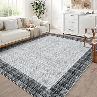 Washable Rugs for Living Room Border Plaid Rug Non-Slip Stain-Resistant Rugs Modern Low-Pile Carpet