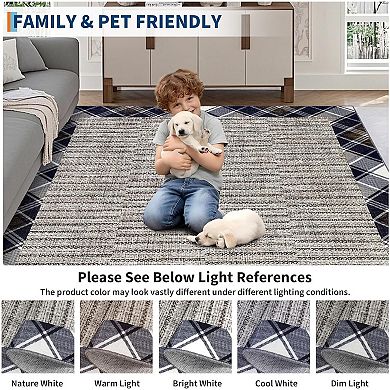 Washable Modern Bordered Rug, Soft Anti-Skid Folding Carpet, Non-Shedding Indoor Home Rug