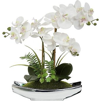 15" Real Touch White Phalaenopsis Orchid Artificial Plant with Silver Pot