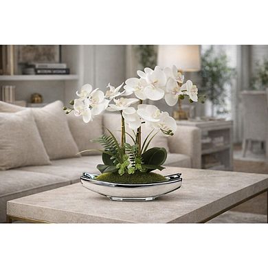 15" Real Touch White Phalaenopsis Orchid Artificial Plant with Silver Pot