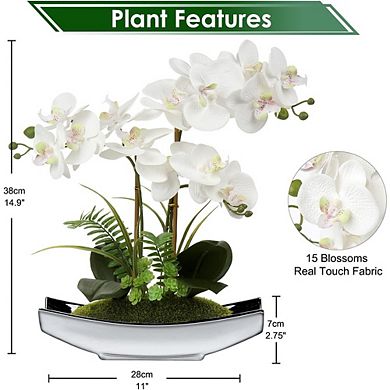 15" Real Touch White Phalaenopsis Orchid Artificial Plant with Silver Pot