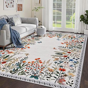 Multi-size Floral Area Rug, Oriental Vintage Washable Non-Slip Soft Foldable Carpet