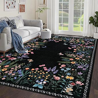 Multi-size Floral Area Rug, Oriental Vintage Washable Non-Slip Soft Foldable Carpet