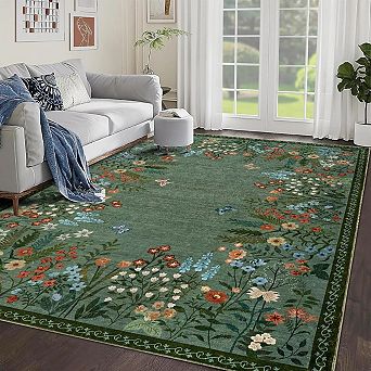 Multi-size Floral Area Rug, Oriental Vintage Washable Non-Slip Soft Foldable Carpet