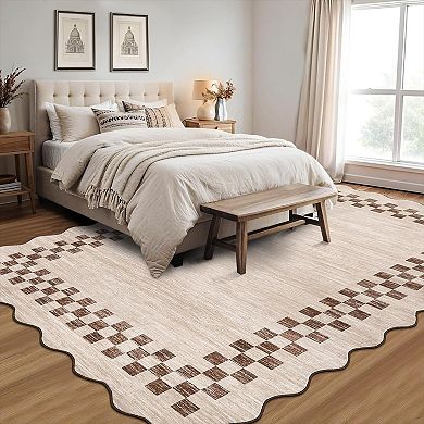 Scalloped Washable Rug, Non-Slip Low-Pile Geometric Carpet for Home