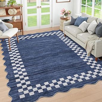 Scalloped Washable Rug, Non-Slip Low-Pile Geometric Carpet for Home