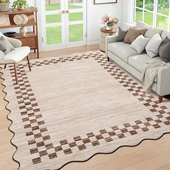 Scalloped Washable Rug, Non-Slip Low-Pile Geometric Carpet for Home