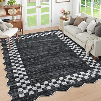Scalloped Washable Rug, Non-Slip Low-Pile Geometric Carpet for Home
