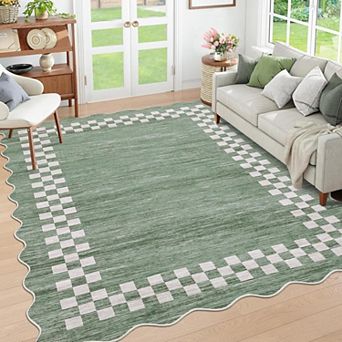 Scalloped Washable Rug, Non-Slip Low-Pile Geometric Carpet for Home