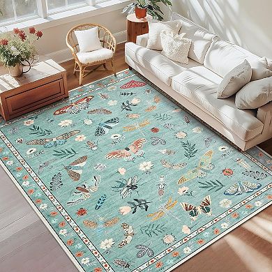 Modern Floral Washable Area Rug, Non-Slip Low-Pile Floor Cover for Home & Office