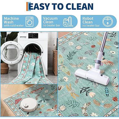 Modern Floral Washable Area Rug, Non-Slip Low-Pile Floor Cover for Home & Office