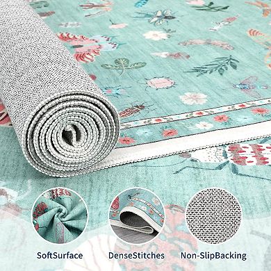 Modern Floral Washable Area Rug, Non-Slip Low-Pile Floor Cover for Home & Office