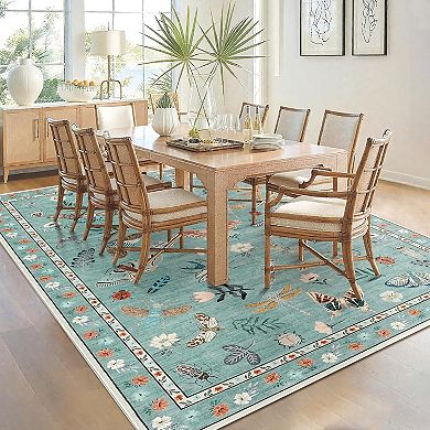 Modern Floral Washable Area Rug, Non-Slip Low-Pile Floor Cover for Home & Office