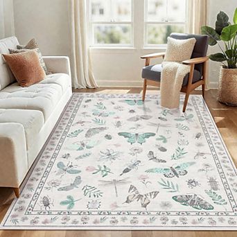 Modern Floral Washable Area Rug, Non-Slip Low-Pile Floor Cover for Home & Office