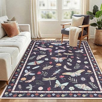 Modern Floral Washable Area Rug, Non-Slip Low-Pile Floor Cover for Home & Office