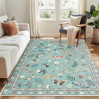 Modern Floral Washable Area Rug, Non-Slip Low-Pile Floor Cover for Home & Office