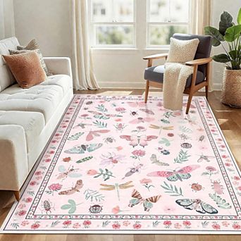 Modern Floral Washable Area Rug, Non-Slip Low-Pile Floor Cover for Home & Office