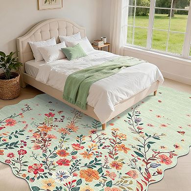 Modern Floral Scalloped Rug - Non-Slip Low-Pile Stain-Resistant Carpet