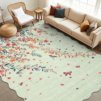 Modern Floral Scalloped Rug - Non-Slip Low-Pile Stain-Resistant Carpet