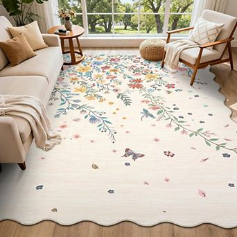Modern Floral Scalloped Rug - Non-Slip Low-Pile Stain-Resistant Carpet