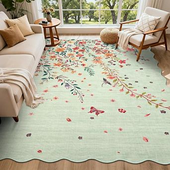 Modern Floral Scalloped Rug - Non-Slip Low-Pile Stain-Resistant Carpet