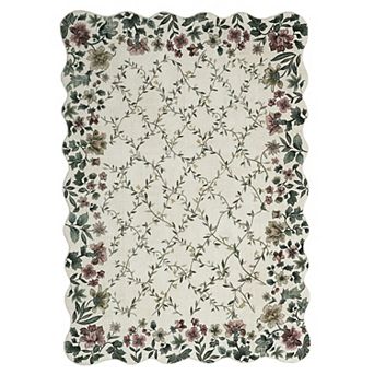 Floral Scalloped Border Rug - Vintage Botanical Carpet for Home Decor
