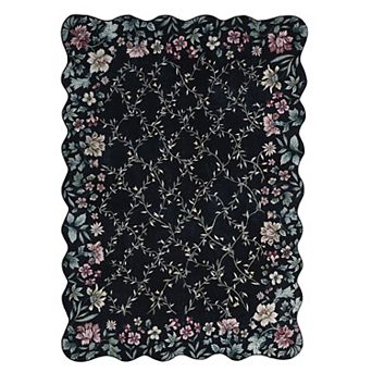 Floral Scalloped Border Rug - Vintage Botanical Carpet for Home Decor