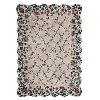 Floral Scalloped Border Rug - Vintage Botanical Carpet for Home Decor
