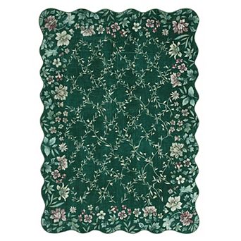Floral Scalloped Border Rug - Vintage Botanical Carpet for Home Decor