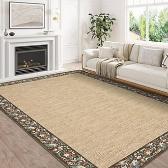 Modern Farmhouse Floral Washable Rug - Non-Slip Low-Pile Stain-Resistant Carpet