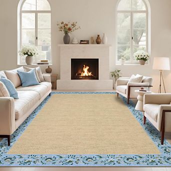 Modern Farmhouse Floral Washable Rug - Non-Slip Low-Pile Stain-Resistant Carpet