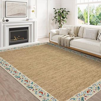 Modern Farmhouse Floral Washable Rug - Non-Slip Low-Pile Stain-Resistant Carpet