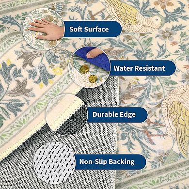 Vintage Bird-Pattern Washable Rug - Non-Slip Soft Low-Pile Stain-Resistant Carpet