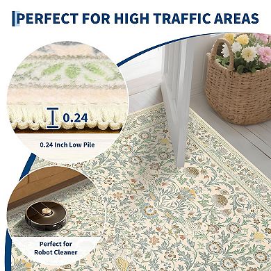 Vintage Bird-Pattern Washable Rug - Non-Slip Soft Low-Pile Stain-Resistant Carpet