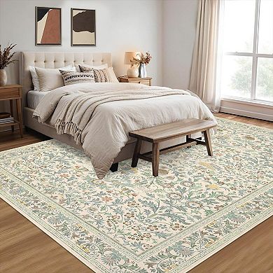Vintage Bird-Pattern Washable Rug - Non-Slip Soft Low-Pile Stain-Resistant Carpet