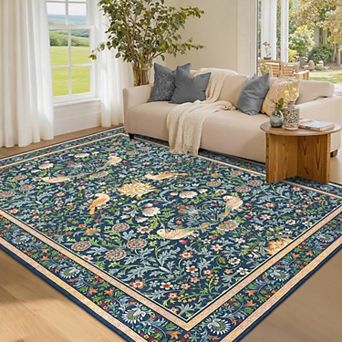 Vintage Bird-Pattern Washable Rug - Non-Slip Soft Low-Pile Stain-Resistant Carpet
