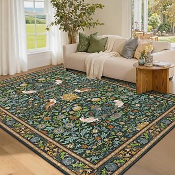 Vintage Bird-Pattern Washable Rug - Non-Slip Soft Low-Pile Stain-Resistant Carpet