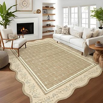 Modern Border Washable Rug - Stain-Resistant Low-Pile Foldable Carpet for Home