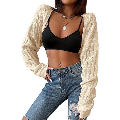 Women's Open Front Long Sleeve Sweater Solid Cropped Casual Cardigan