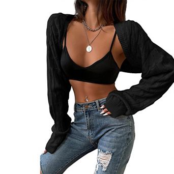 Women's Open Front Long Sleeve Sweater Solid Cropped Casual Cardigan