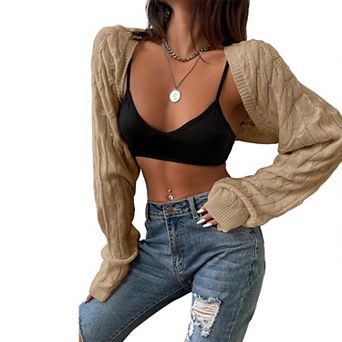 Women's Open Front Long Sleeve Sweater Solid Cropped Casual Cardigan