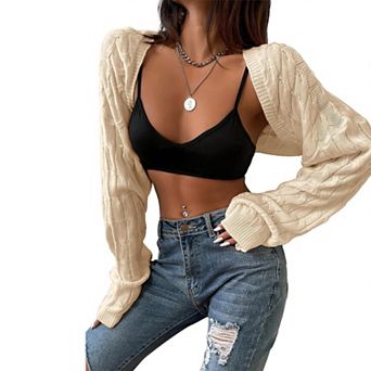 Women's Open Front Long Sleeve Sweater Solid Cropped Casual Cardigan