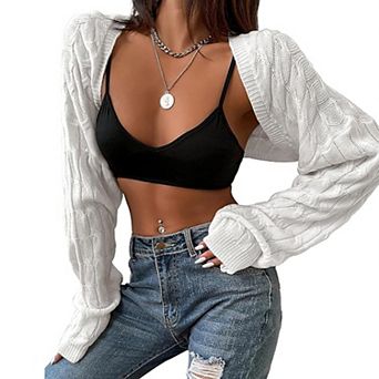 Women's Open Front Long Sleeve Sweater Solid Cropped Casual Cardigan
