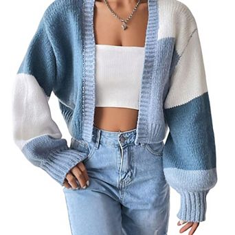 Women's Open Front Cropped Cardigan Sweaters Long Sleeve Chunky Knit Top Color Block Short Cardigan